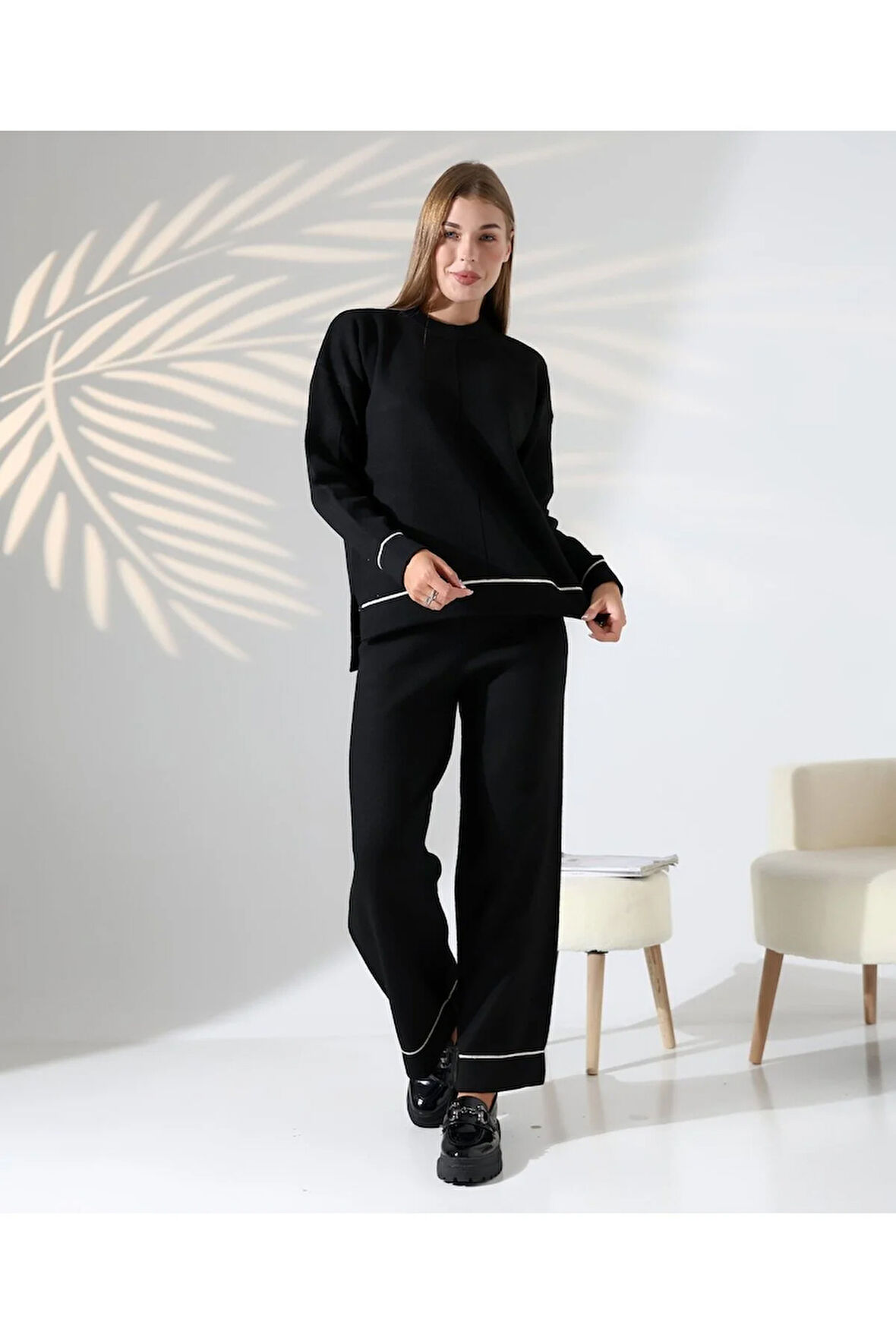 Kontrast Dikişli Kadın Triko Takım