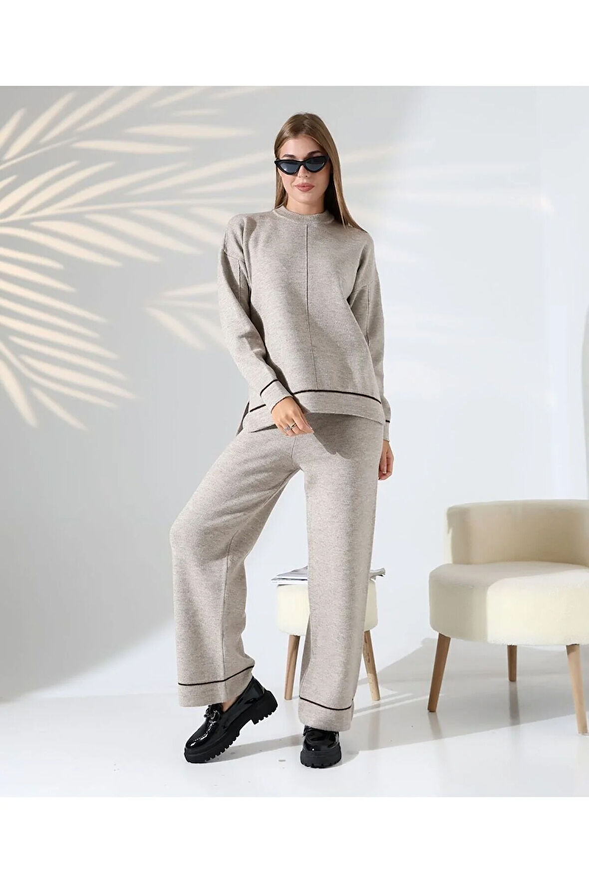 Kontrast Dikişli Kadın Triko Takım