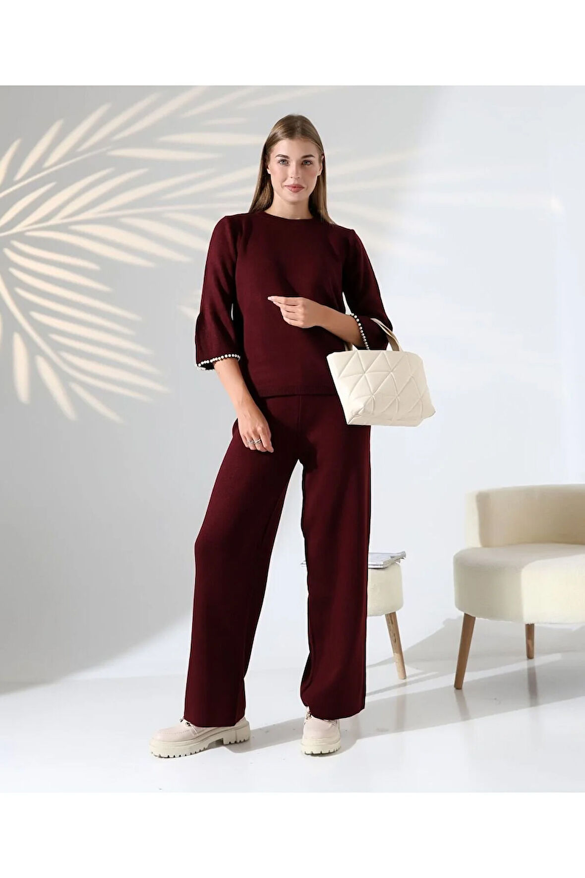 İnci Volanlı Kol Detaylı Triko Takım