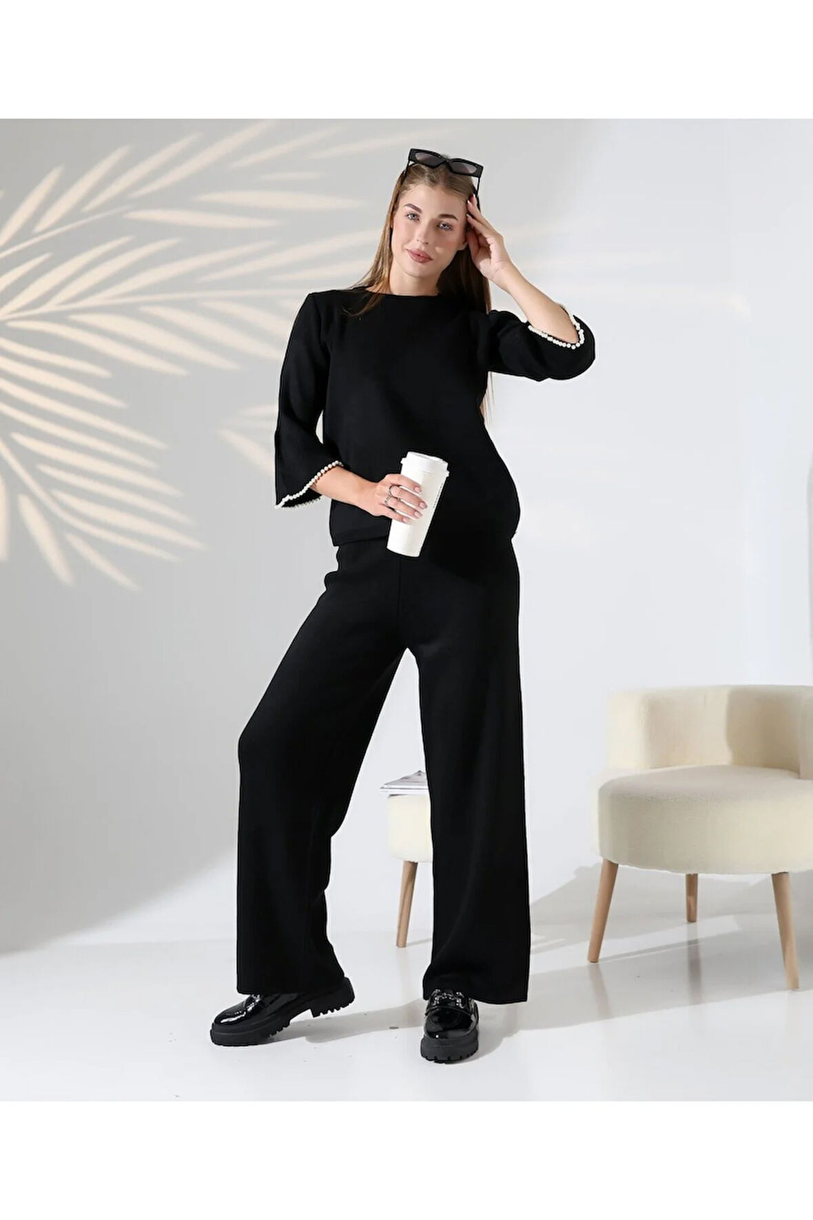 İnci Volanlı Kol Detaylı Triko Takım