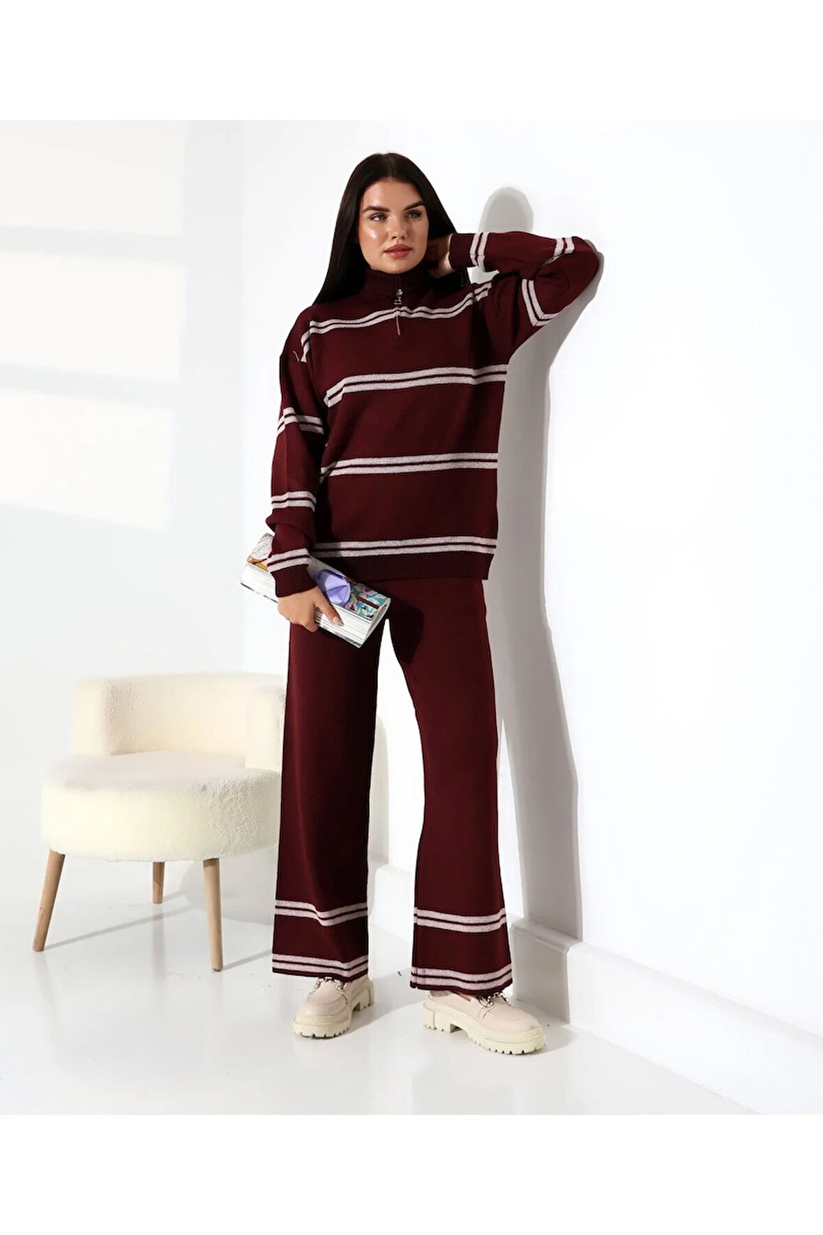 Yaka Fermuarlı Şeritli Basic Triko Takım