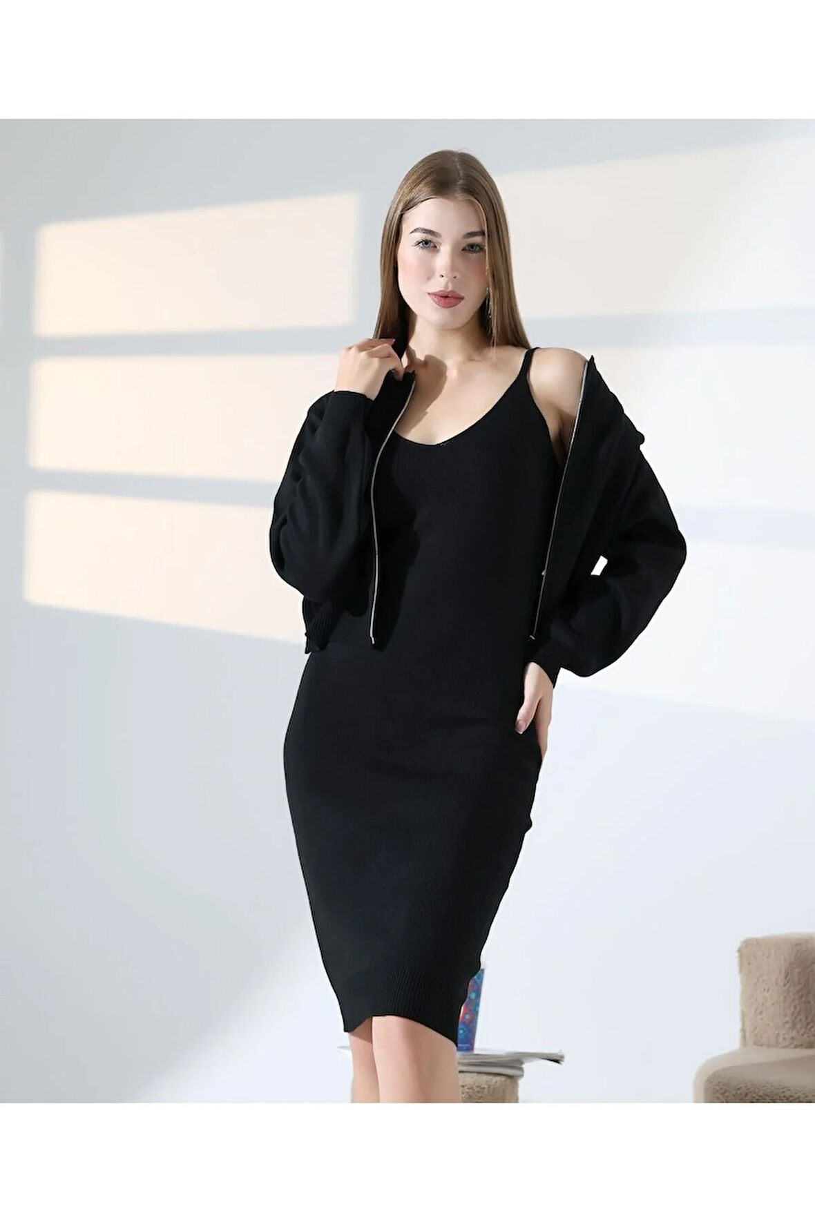 Doğal Aura Fermuarlı Hırka Elbise Takım