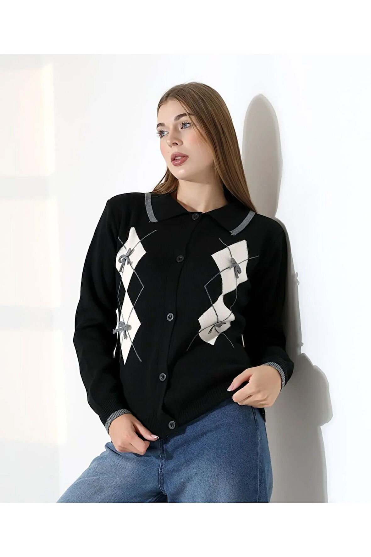 Baklava Desen Polo Yaka Kadın Kazak