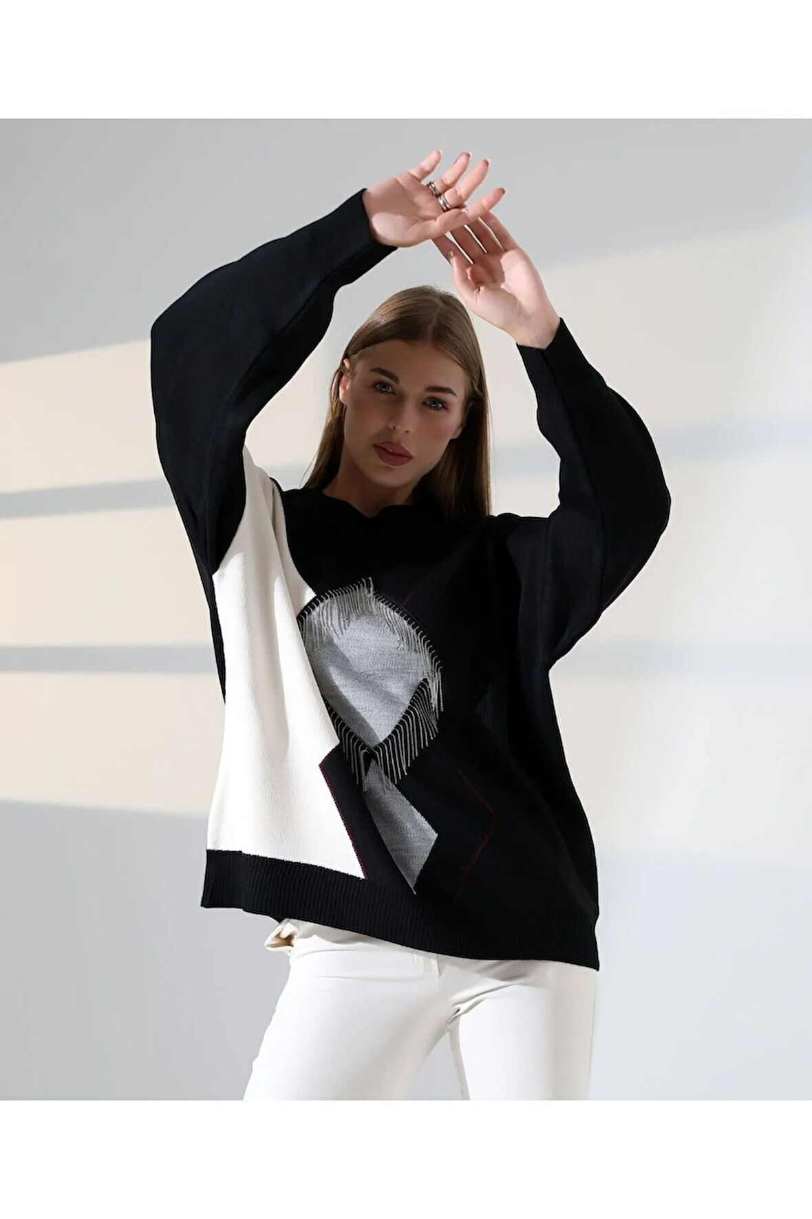 Geometrik Desenli Oversize Kadın Kazak