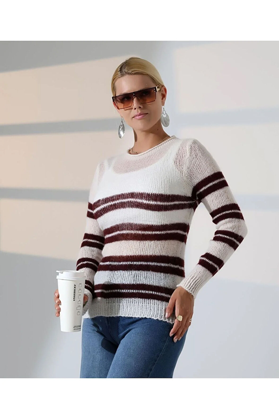 Hafif Dokulu Casual Çizgili Kazak