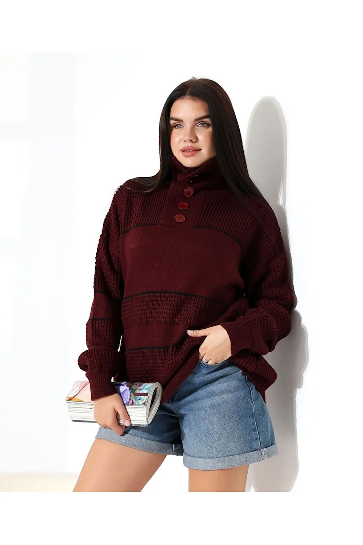 Yaka Düğmeli Ajurlu Triko Kazak