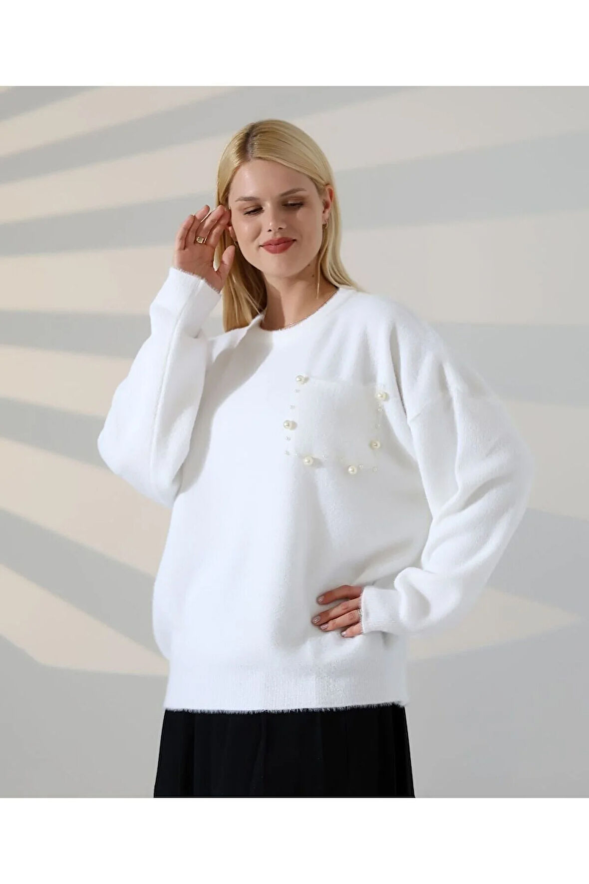 İnci Detaylı Cepli Dokuma Kazak