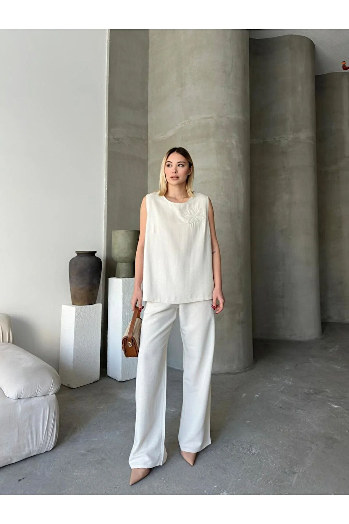 Marsilya Esintisi Bej Alt Üst Keten Takım