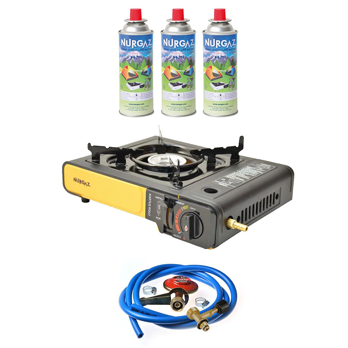 Nurgaz Ng 501 Çantalı Tekli Portatif Ocak + 3 Adet Kartuş +Hortum Dedantör Musluk Set