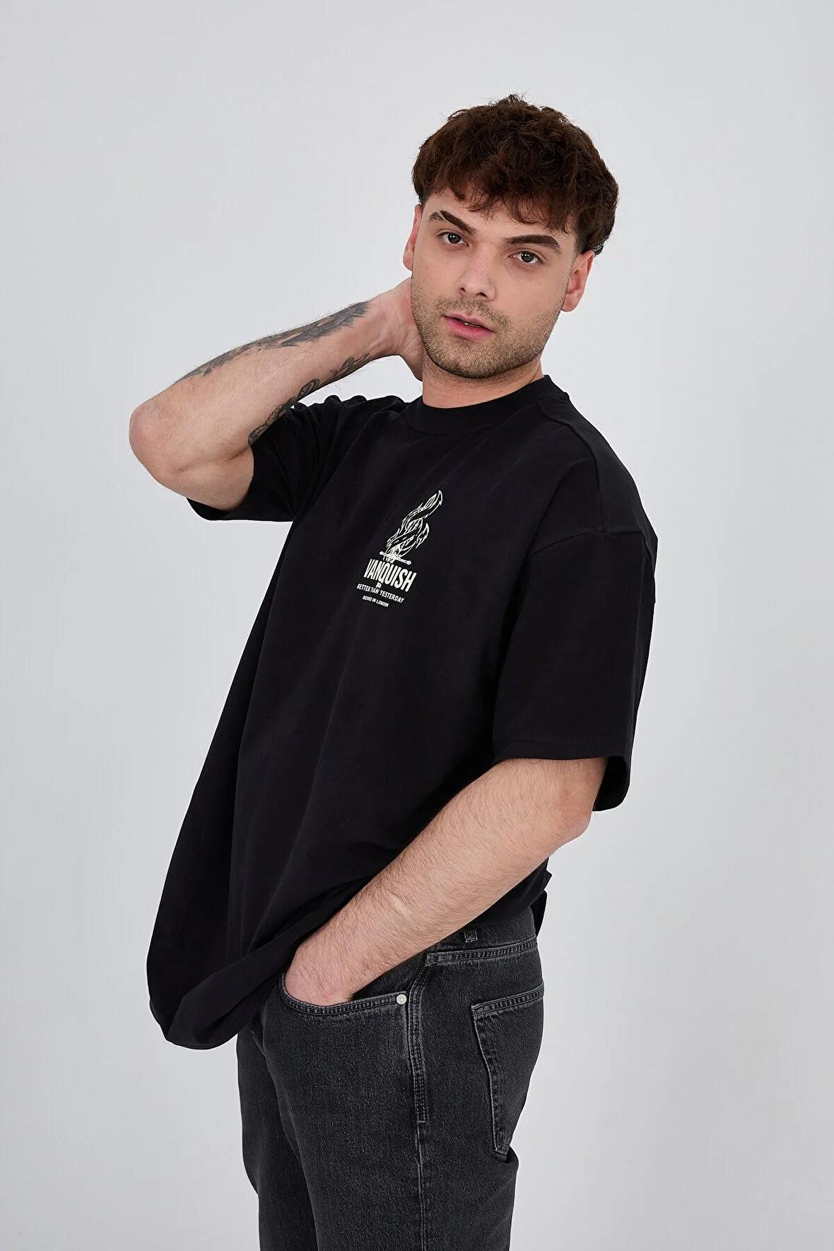 Unisex Overisize Baskılı Siyah Tişört