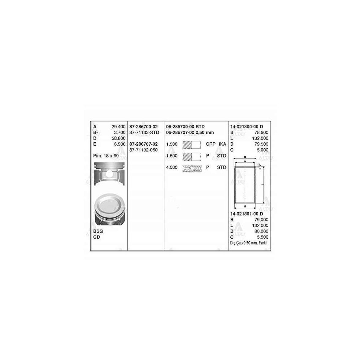 Excel 90-94 Lancer 89-94 1.5 76.00Mm 4G15 0.50 Segman - Goe-06-286707-00 - 06-286707-00 