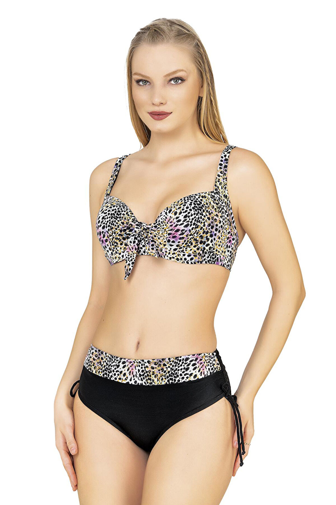 Endeep Kadın Büyük Beden Balenli Destekli Renkli Leopar Desenli Bikini Takımı