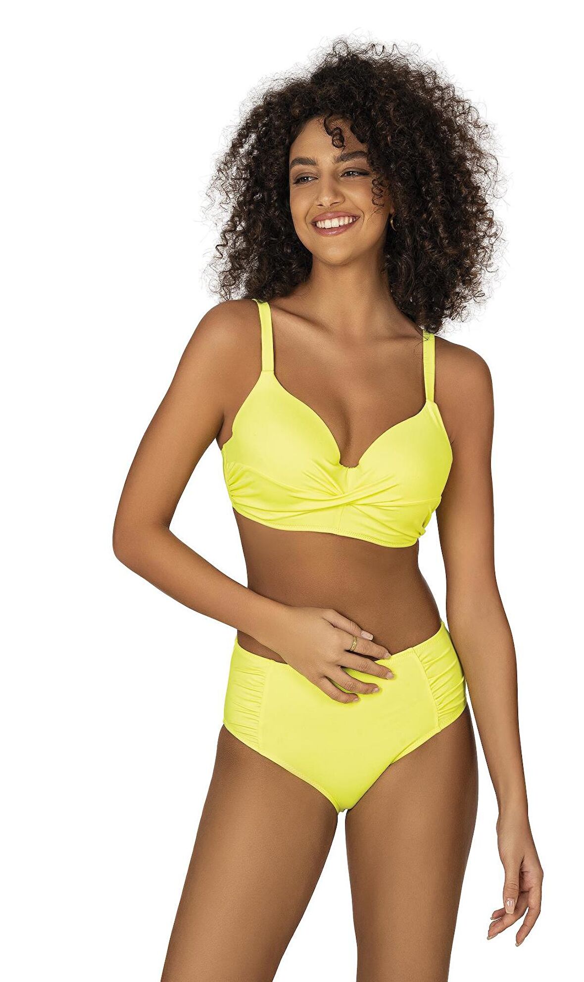 Endeep Kadın Büyük Beden Destekli Büzgü Detaylı Sarı Bikini Takımı