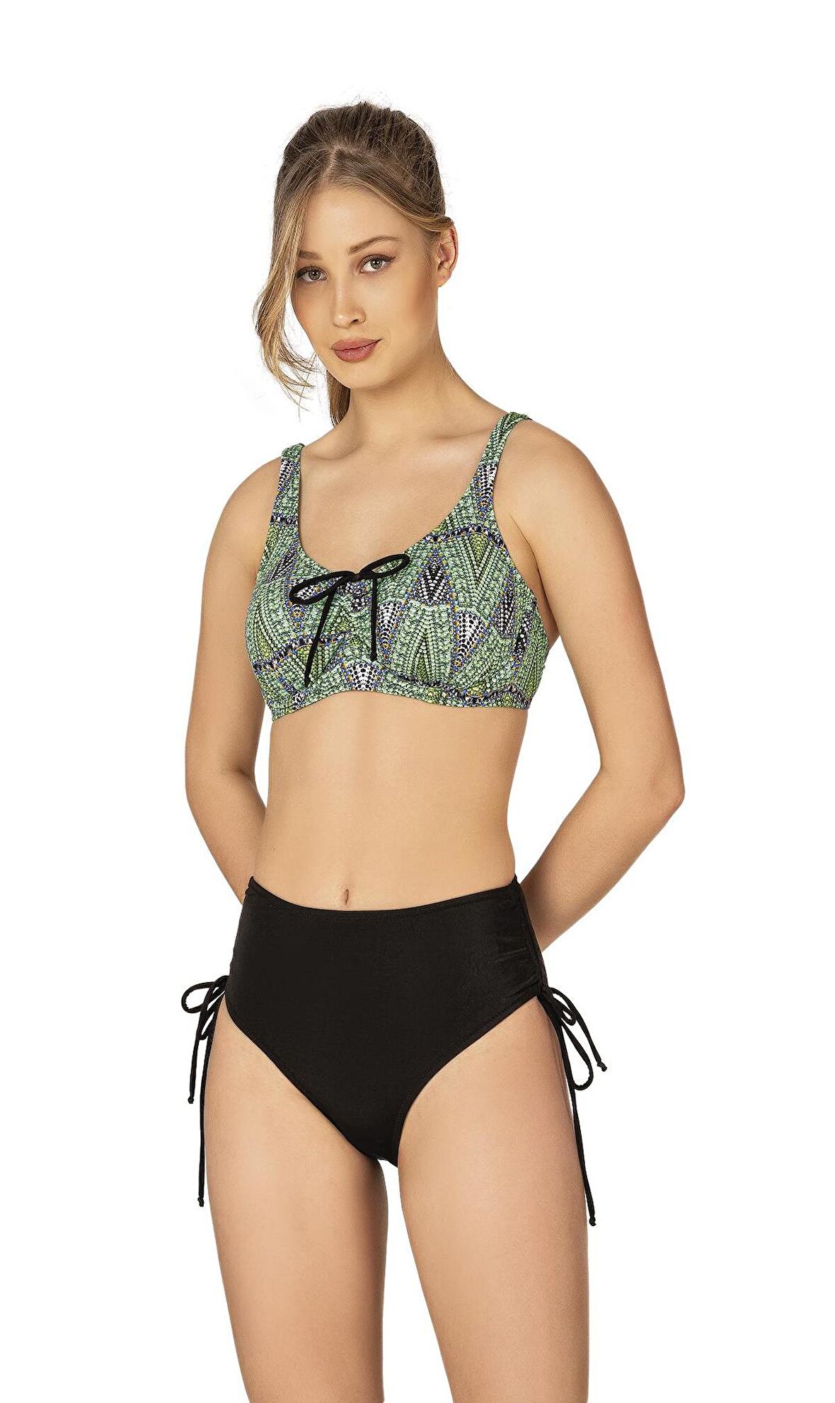 Endeep Kadın Büyük Beden Balenli Destekli Bağlama Detaylı Yeşil Desenli Bikini Takımı