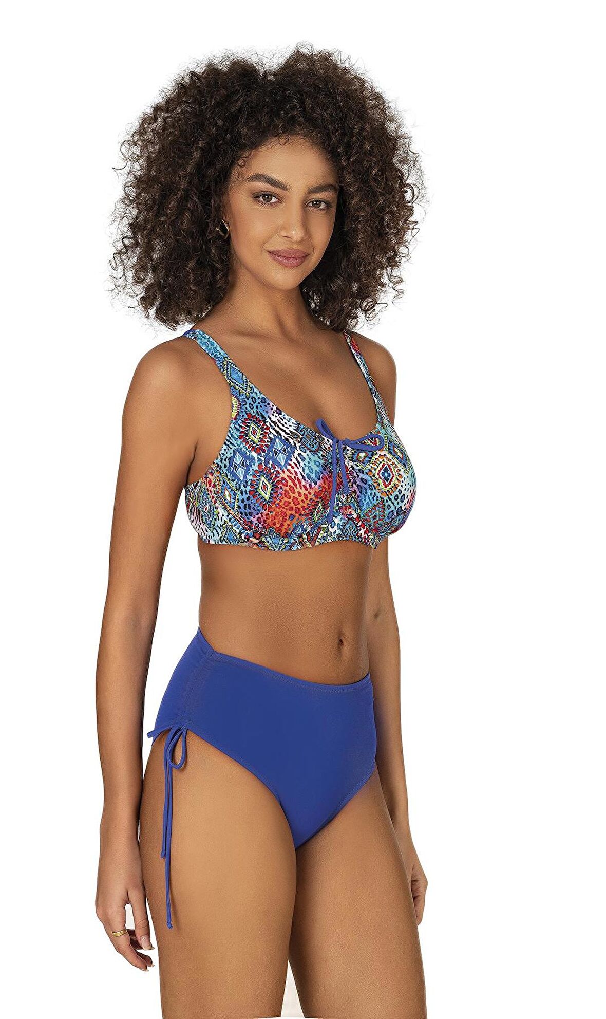 Endeep Kadın Büyük Beden Balenli Destekli Bağlama Detaylı Mavi Desenli Bikini Takımı