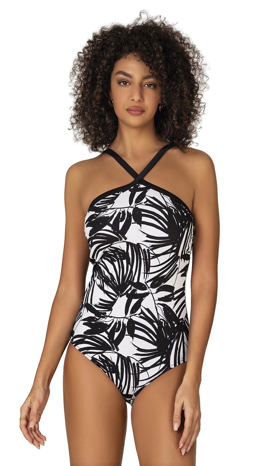 Endeep Kadın Çapraz Detaylı Siyah Beyaz Desenli Mayo