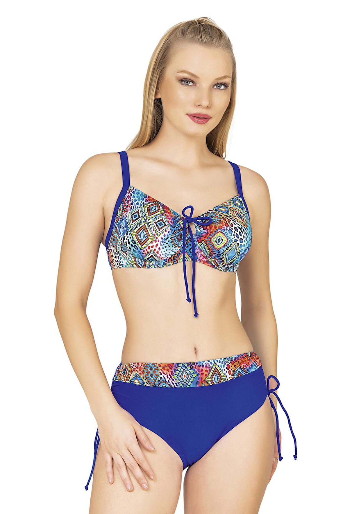 Endeep Kadın Büyük Beden Balenli Destekli Geometrik Desenli Bikini Takımı