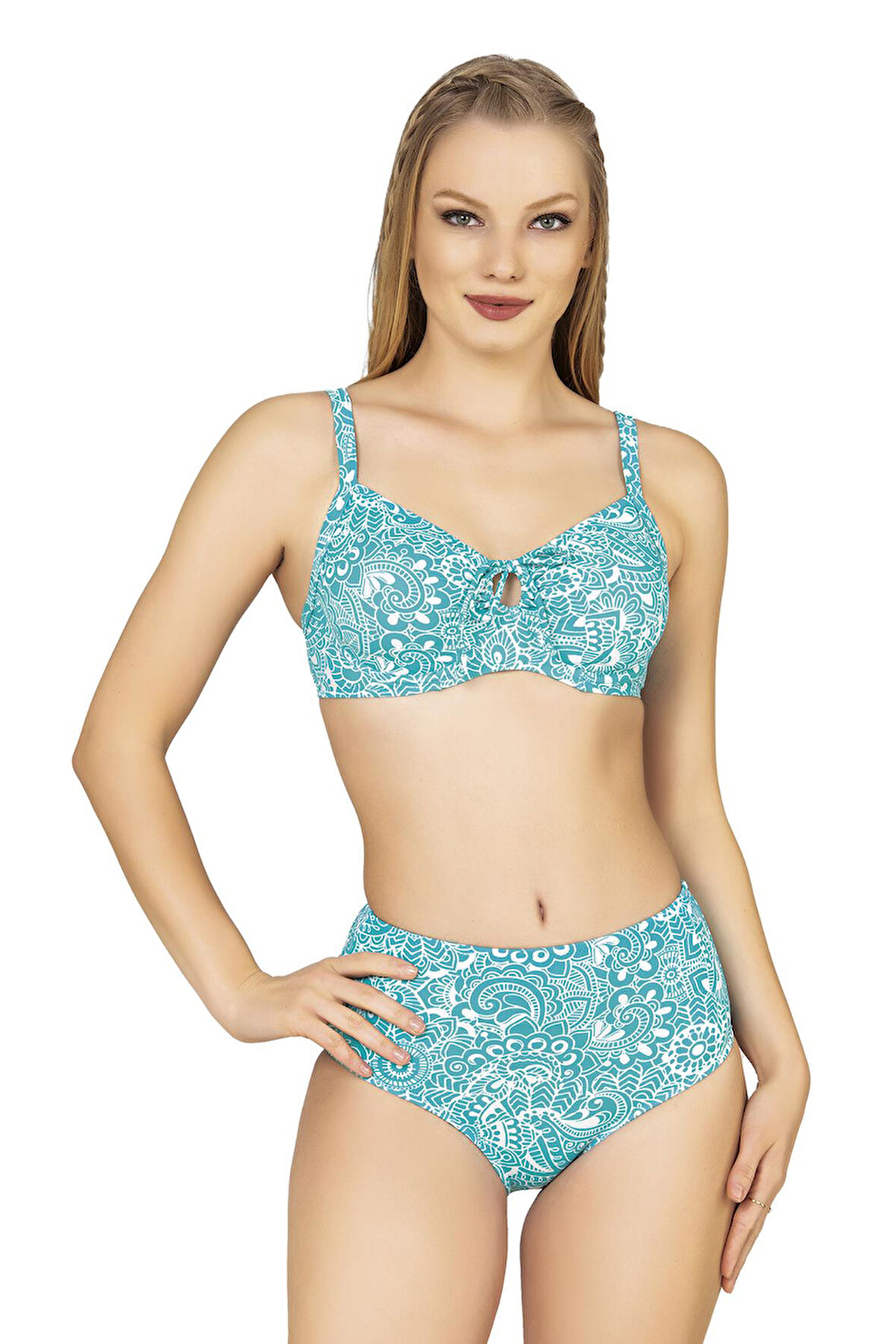 Endeep Kadın Balenli Destekli Şal Desen Yüksek Bel Bikini Takımı