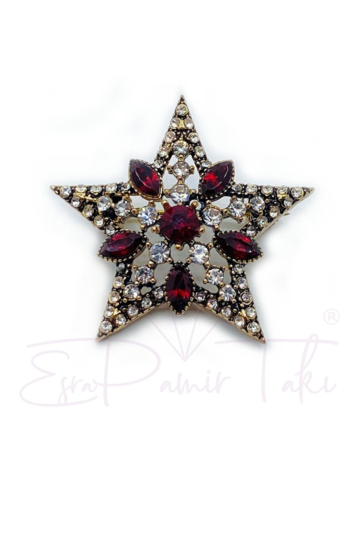 Elmas Montür Kırmızı Taşlı Yıldız Broş