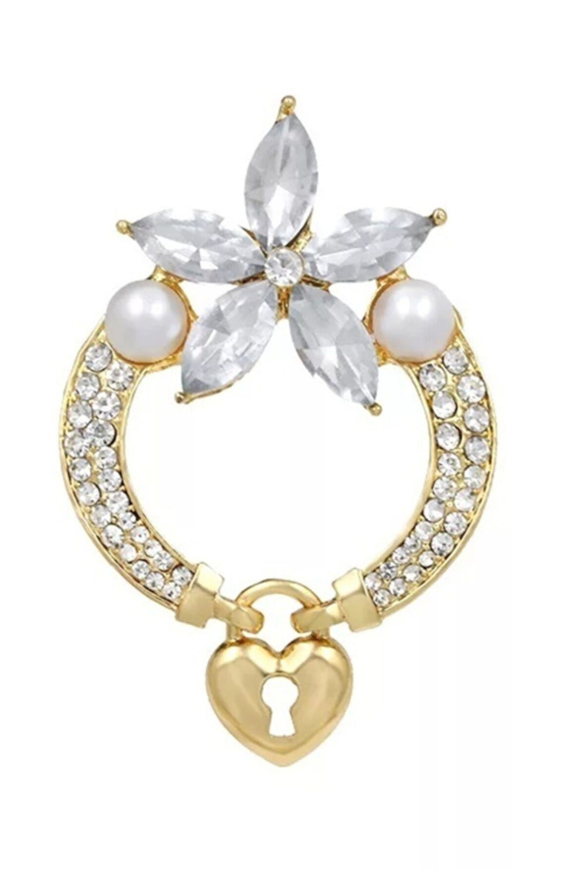 Çiçekli Kilit Kalp Broş