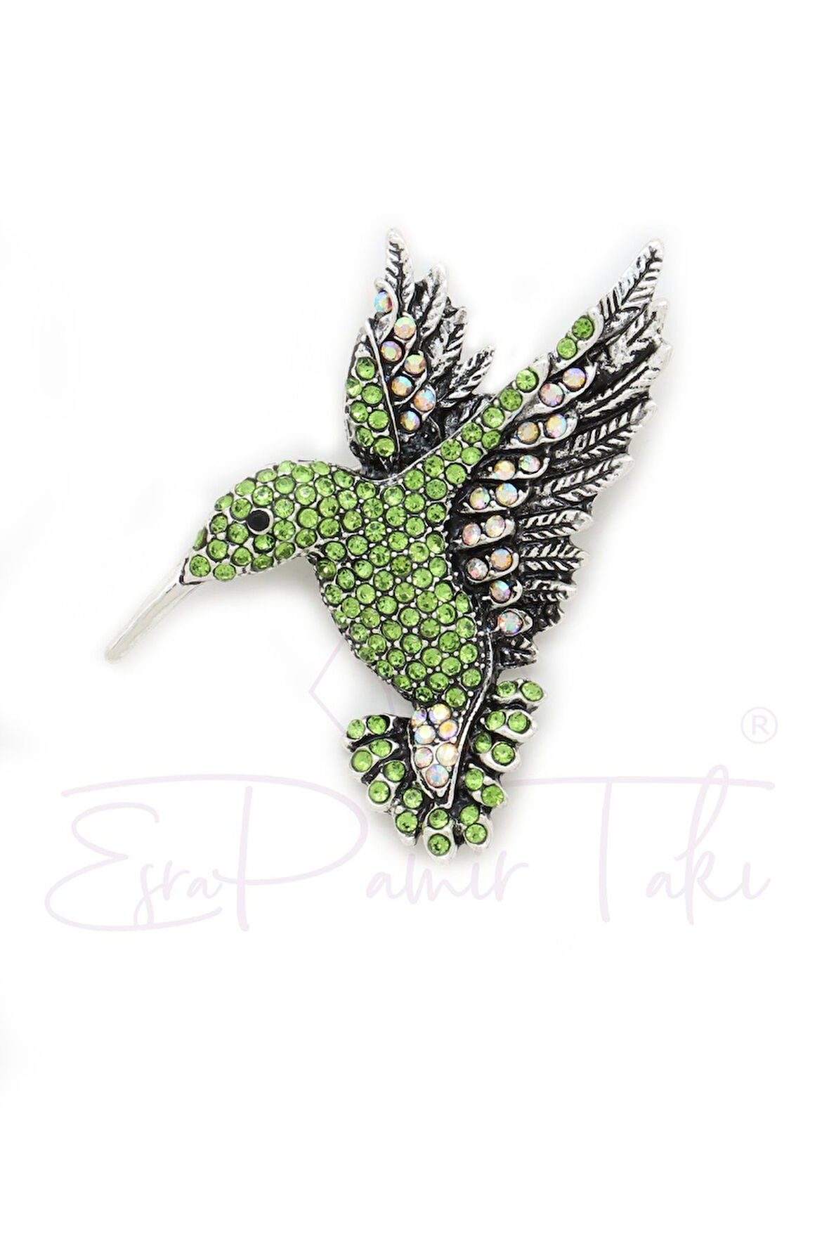 Yeşil Ve Gümüş Renk Taşlı Kuş Broş Ve Kolye Ucu