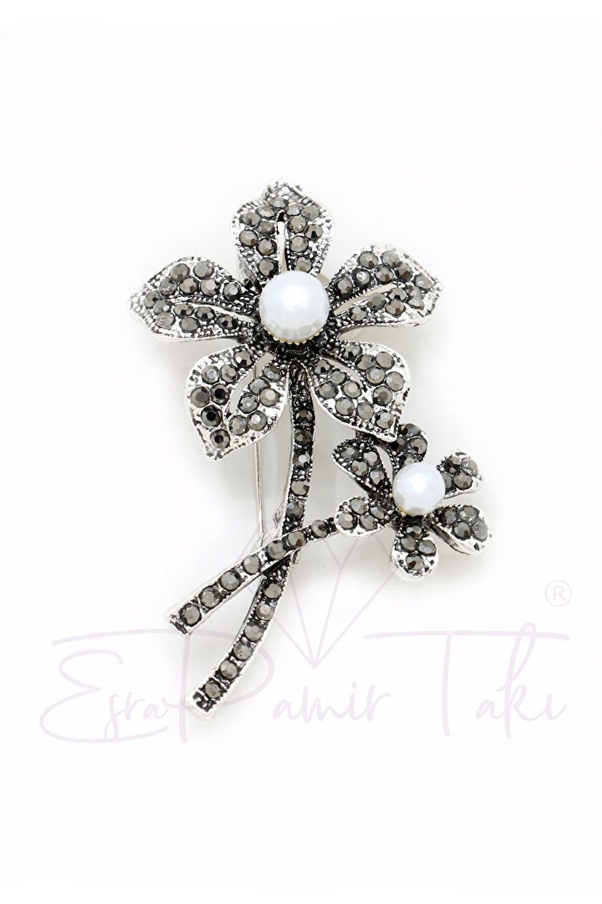 Incili Markazit Taşlı Çiçek Broş