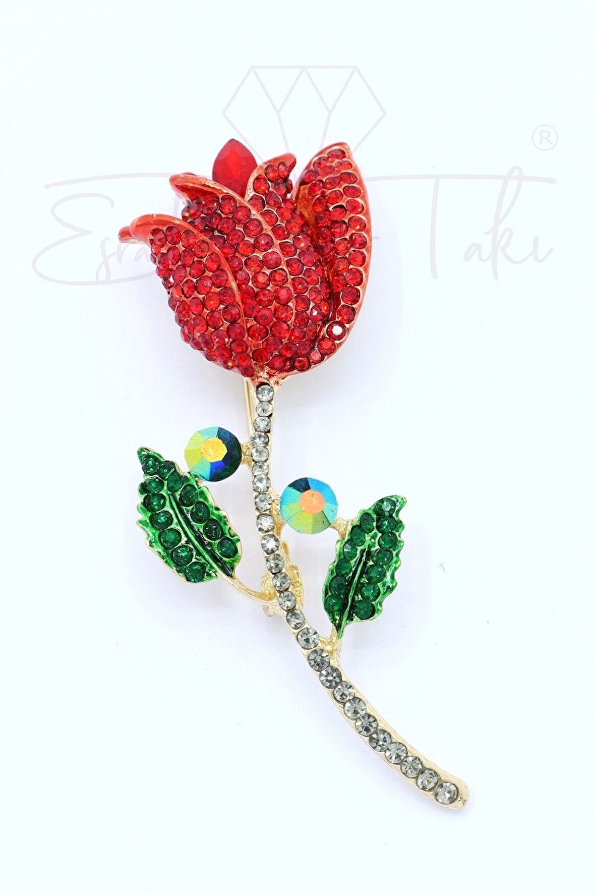 Zirkon Taşlı Kırmızı Gül Broş Ve Kolye Ucu