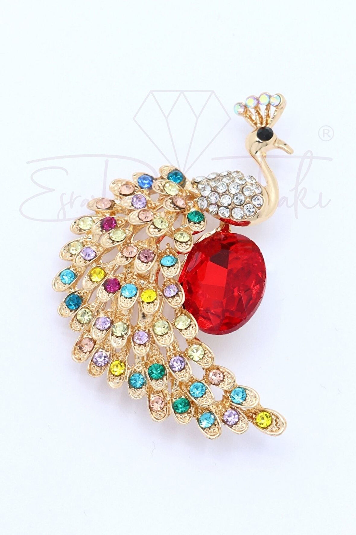 Kırmızı Zirkon Taşlı Tavus Kuşu Broş