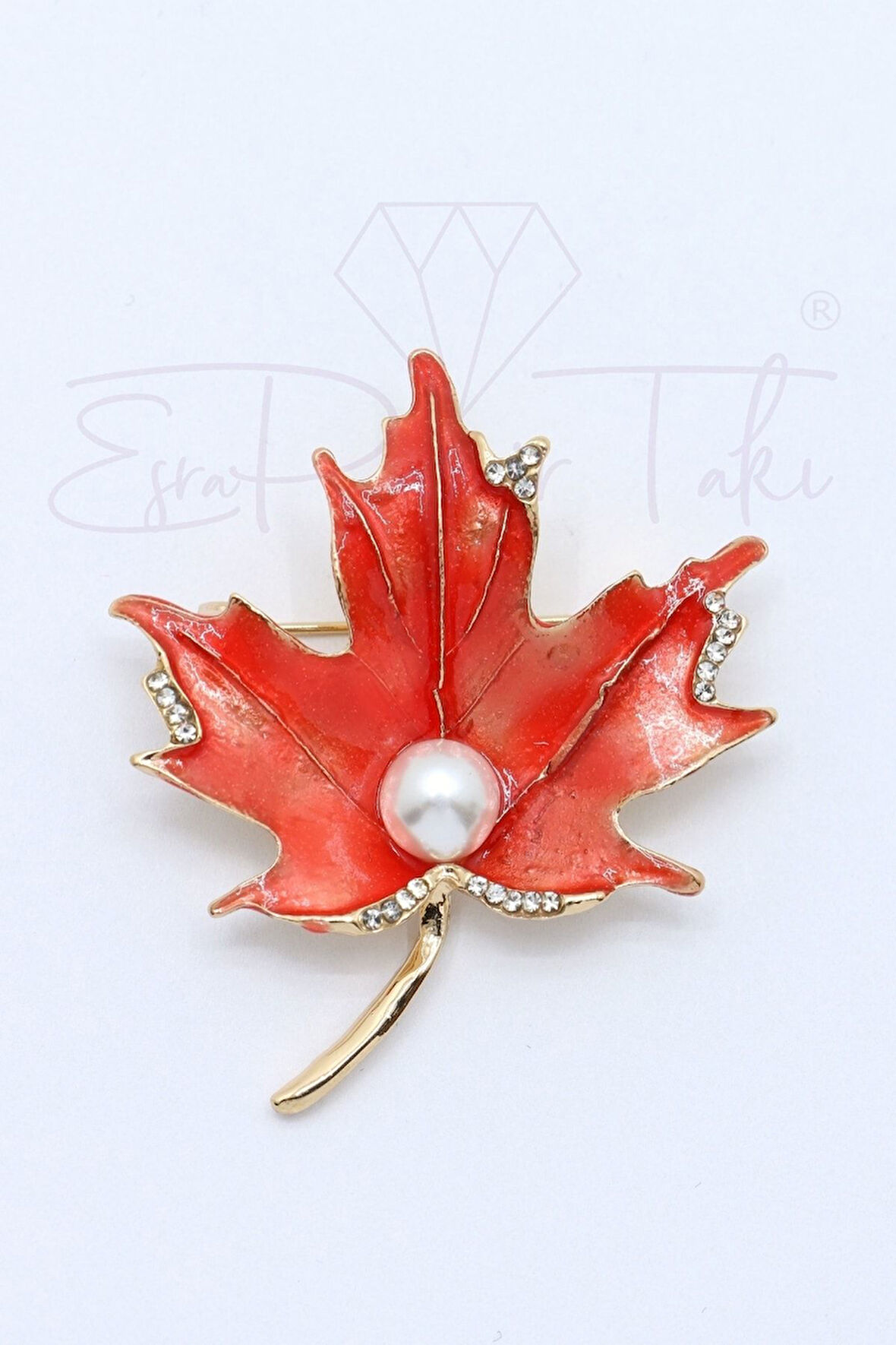 Zirkon Taşlı Incili Kırmızı Yaprak Broş