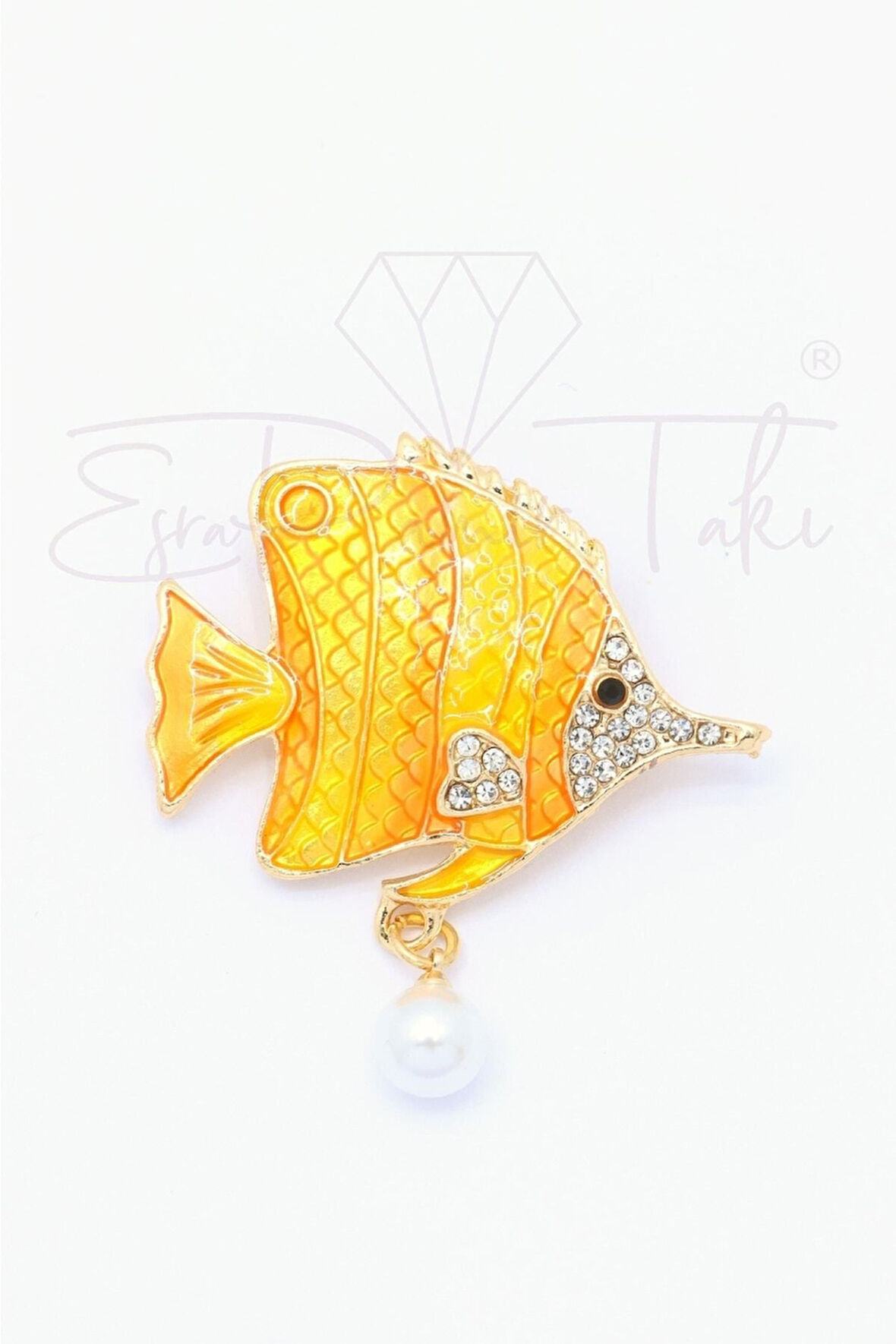 Sarı Ve Turuncu Renk Sallantılı Incili Balık Broş