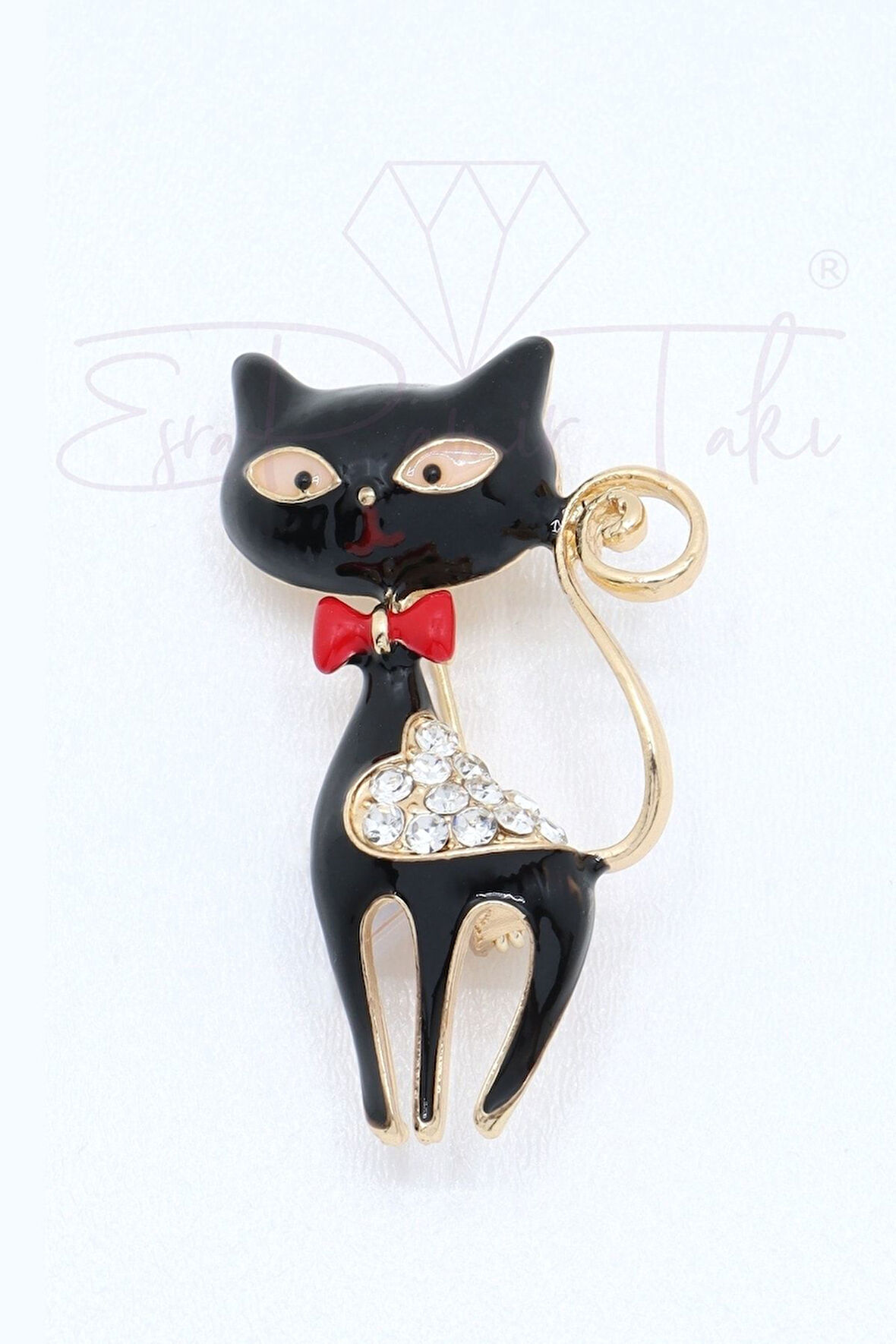Taşlı Kırmızı Papyonlu Zarif Siyah Kedi Broş