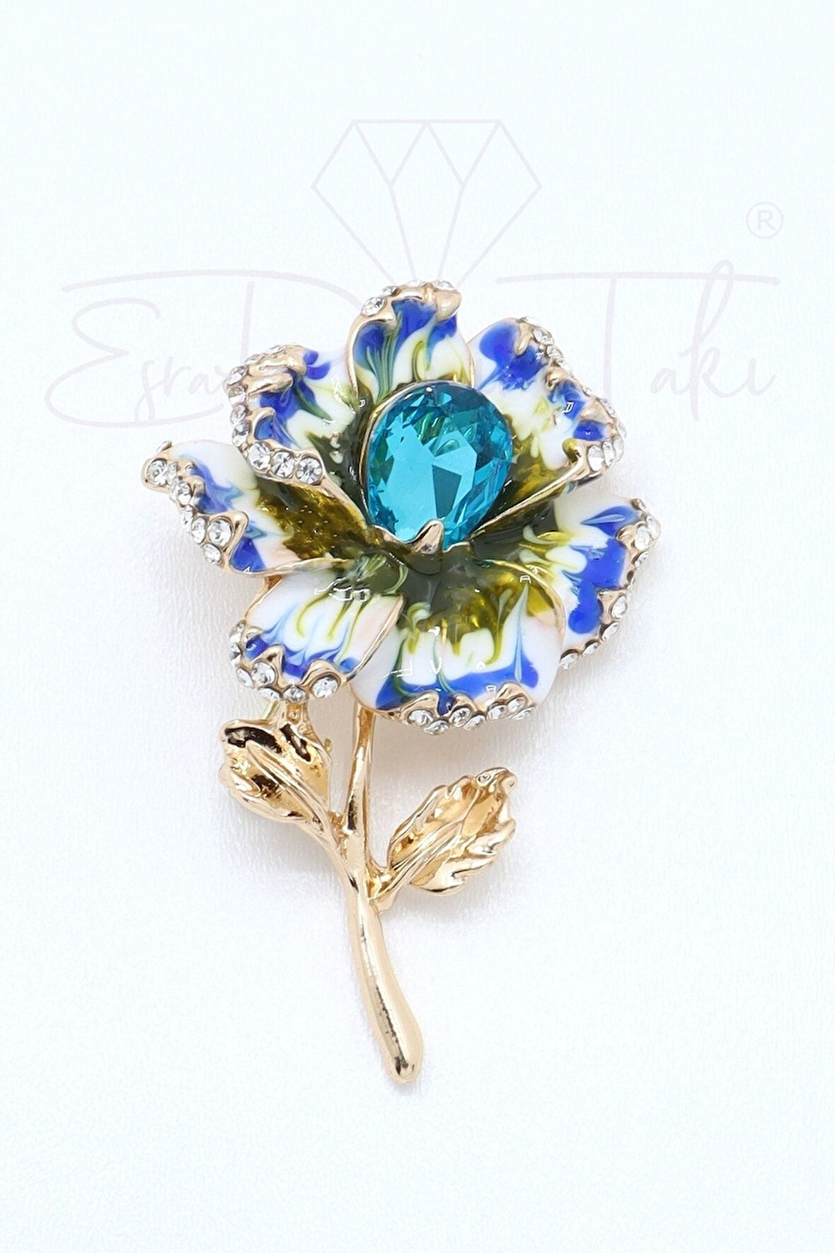 Mavi Taş Altın Renk Çiçek Kolye Ucu Ve Broş
