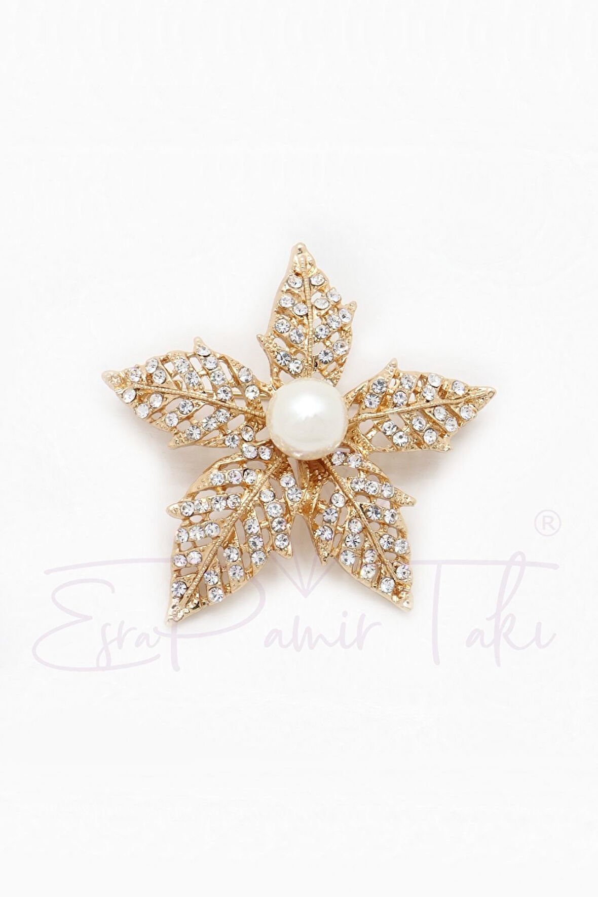 Taşlı Incili Altın Renk Çiçek Broş