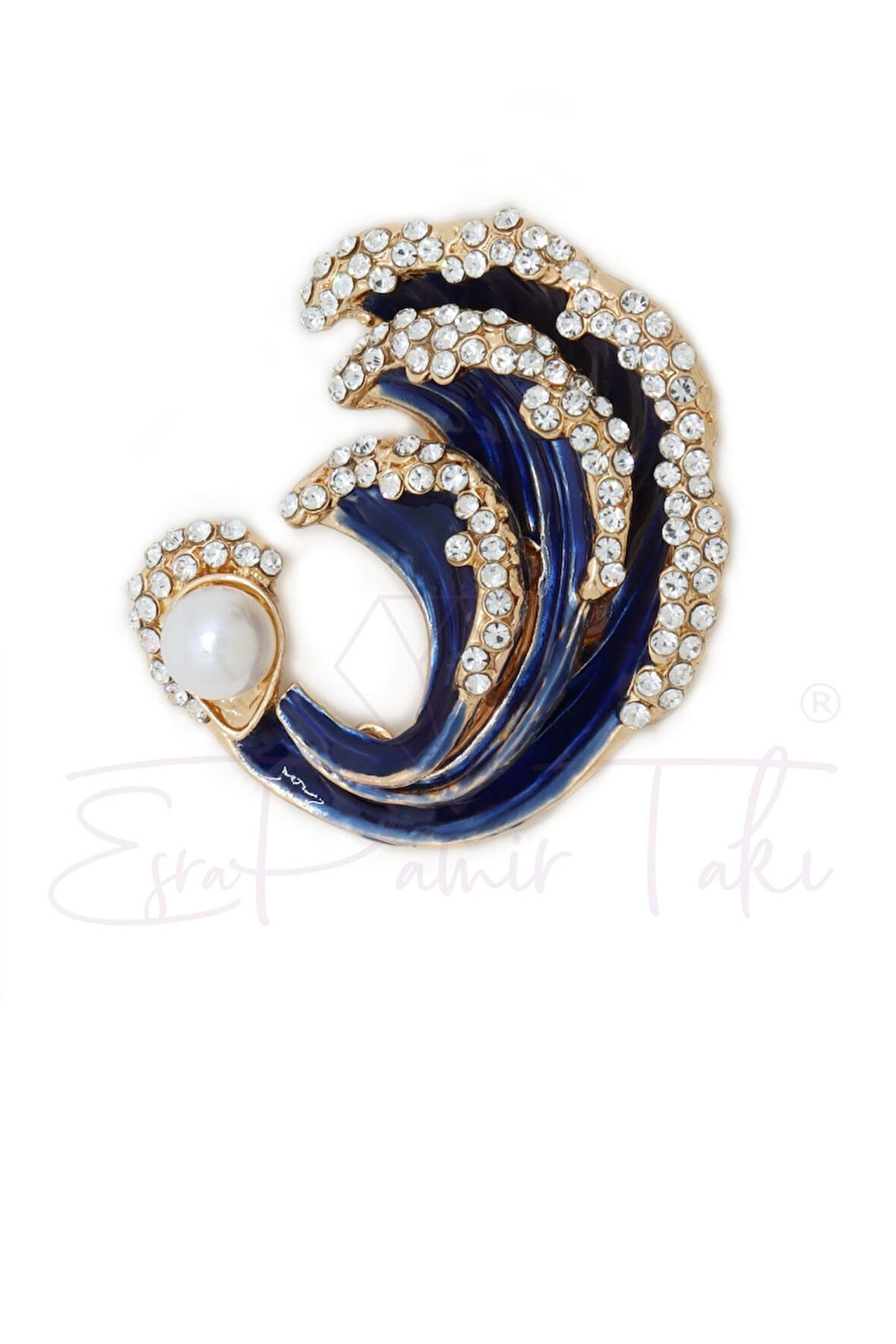 Zirkon Taşlı İncili Mavi Okyanus Dalgası Broş