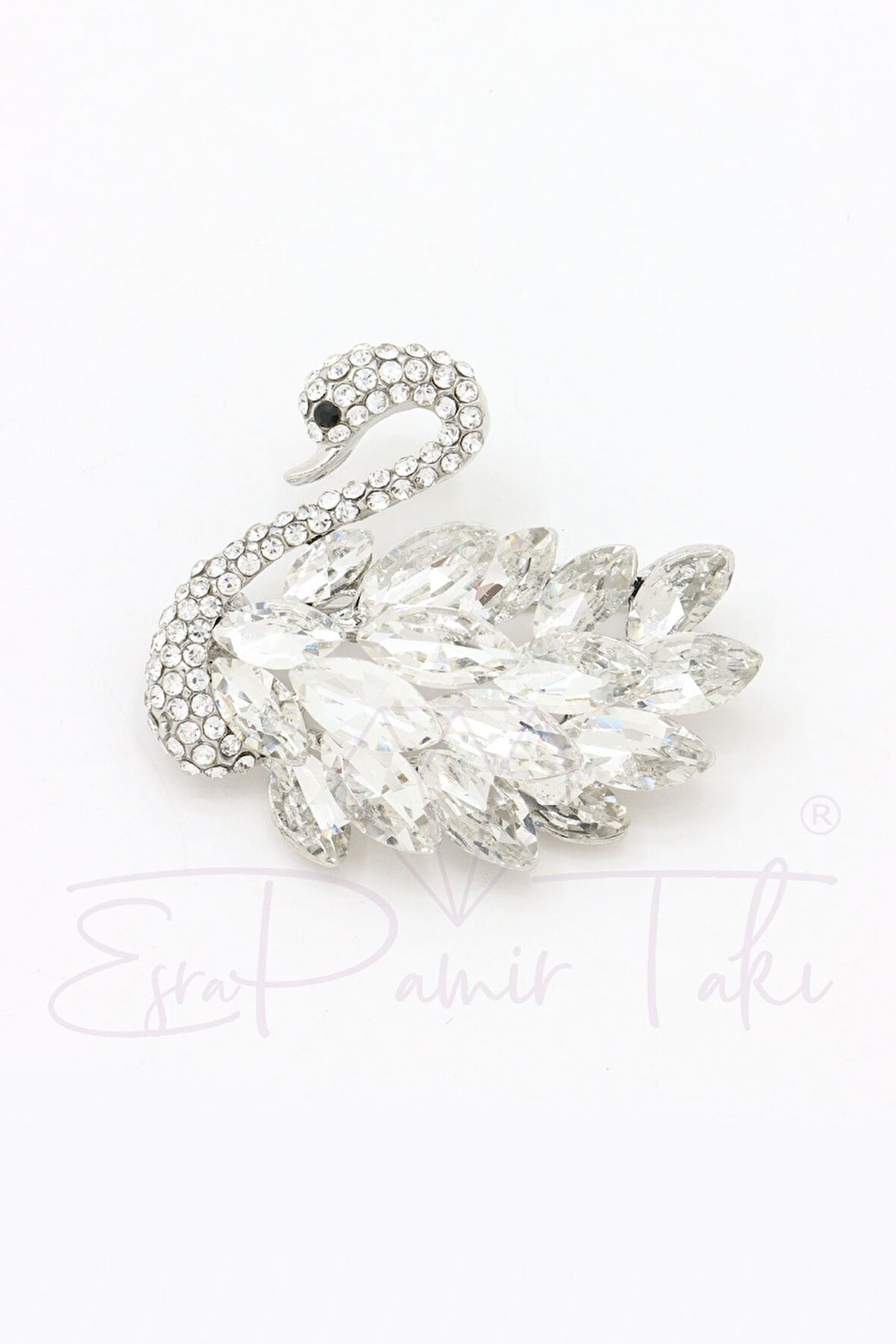 Gümüş Renk Zirkon Taşlı Kuğu Broş