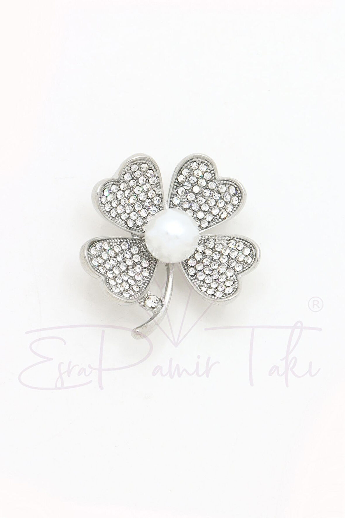 4 Yapraklı İncili Gümüş Renk Yonca Broş