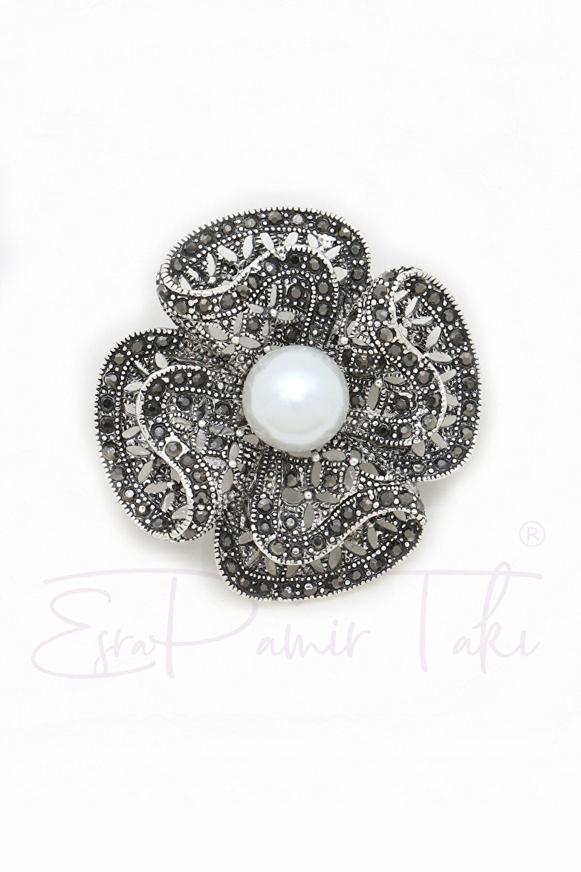 Incili Markazit Taşlı Çiçek Broş