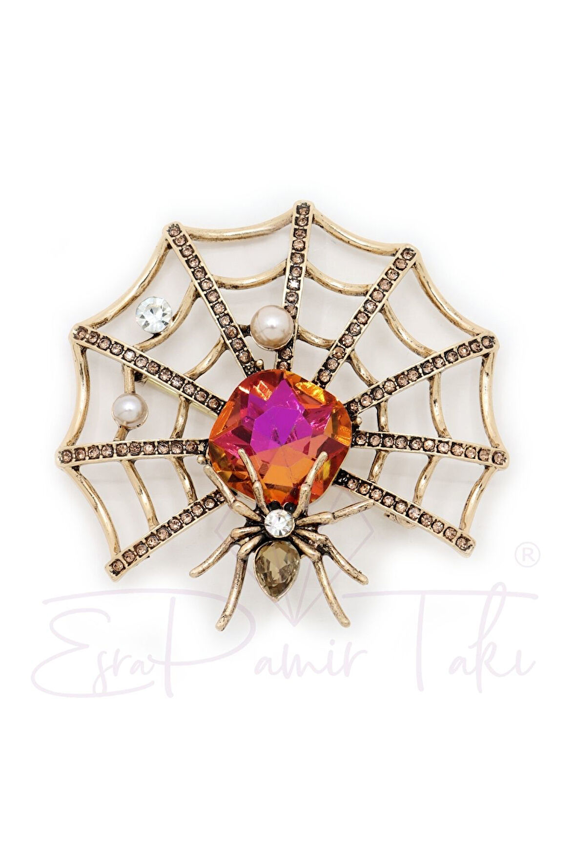 Zirkon Ve Pembe Taşlı Örümcek Ağ Broş