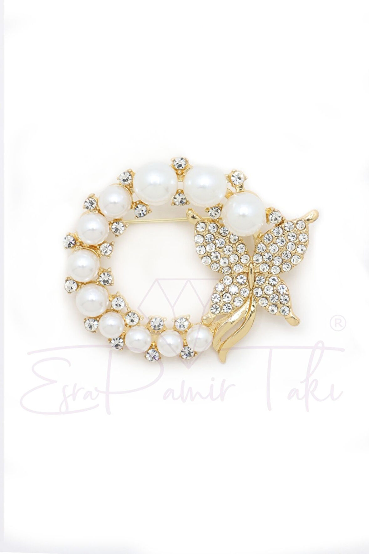 Zirkon Taşlı Altın Renk İncili Kelebekli Çelenk Broş