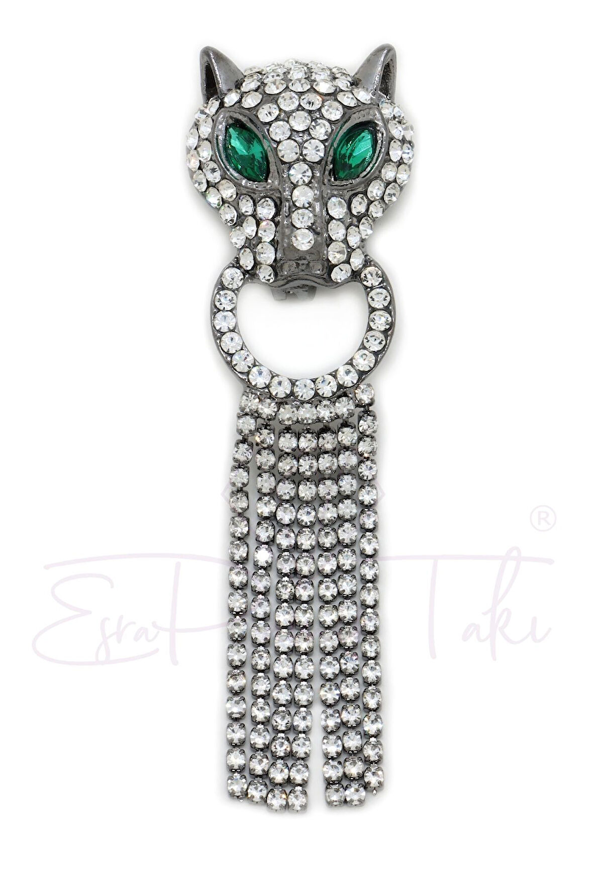 Zirkon Taşlı Gümüş Renk Sallantılı Kaplan Broş