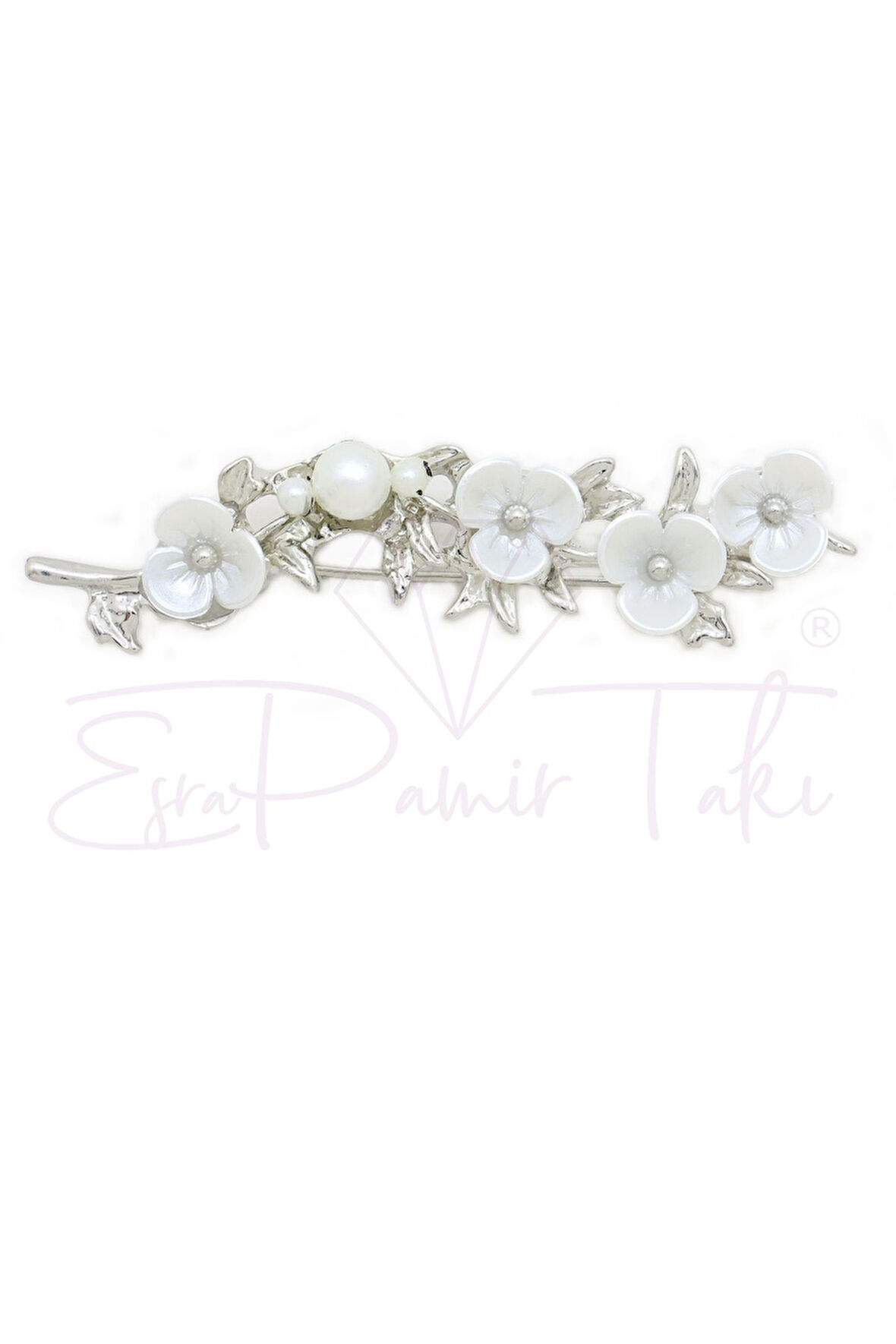 Gümüş Renk İncili Çiçekli Broş