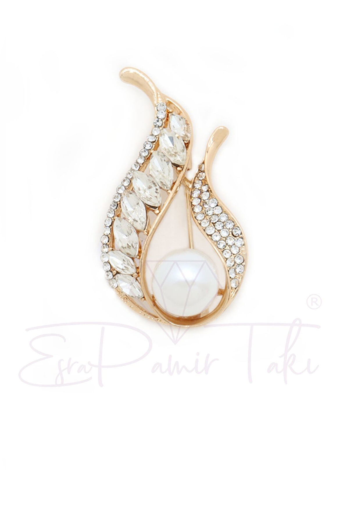 Zirkon Taşlı Altın Renk İncili Lale Broş