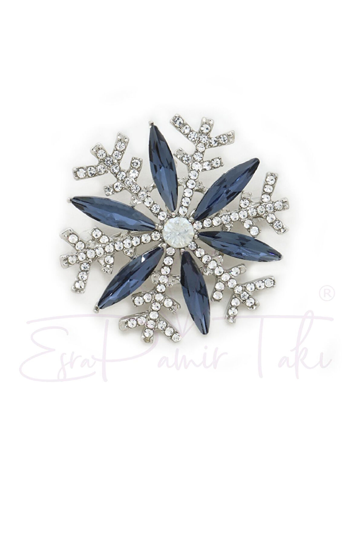 Lacivert Taşlı Gümüş Renk Kar Kristali Broş