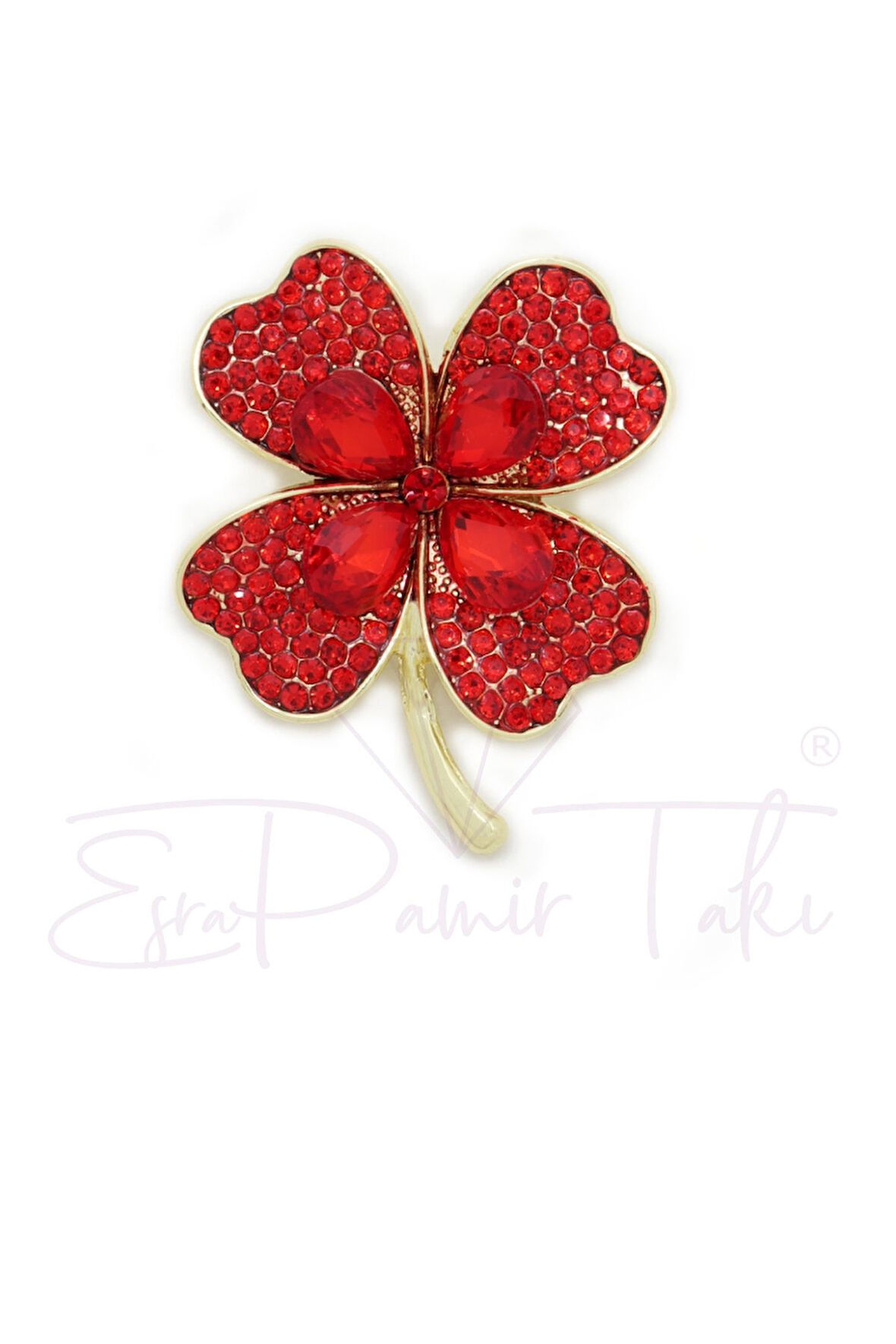 Kırmızı Zirkon Taşlı 4 Yapraklı Yonca Broş