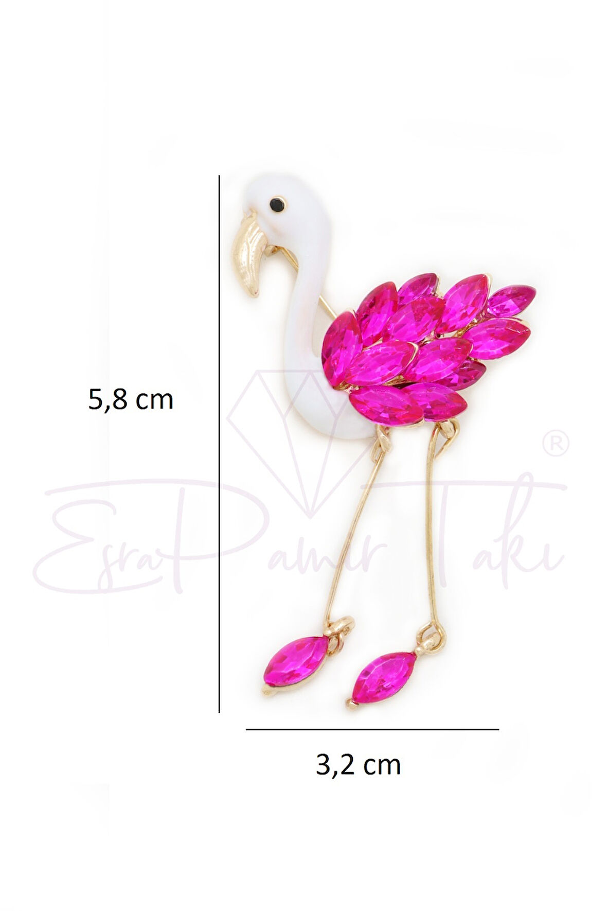 Pembe Zirkon Taşlı Sallantılı Flamingo Broş