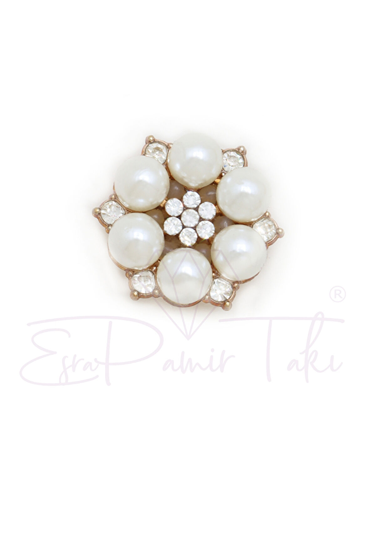 İncili Taşlı Gül Düğme Süsü Broş