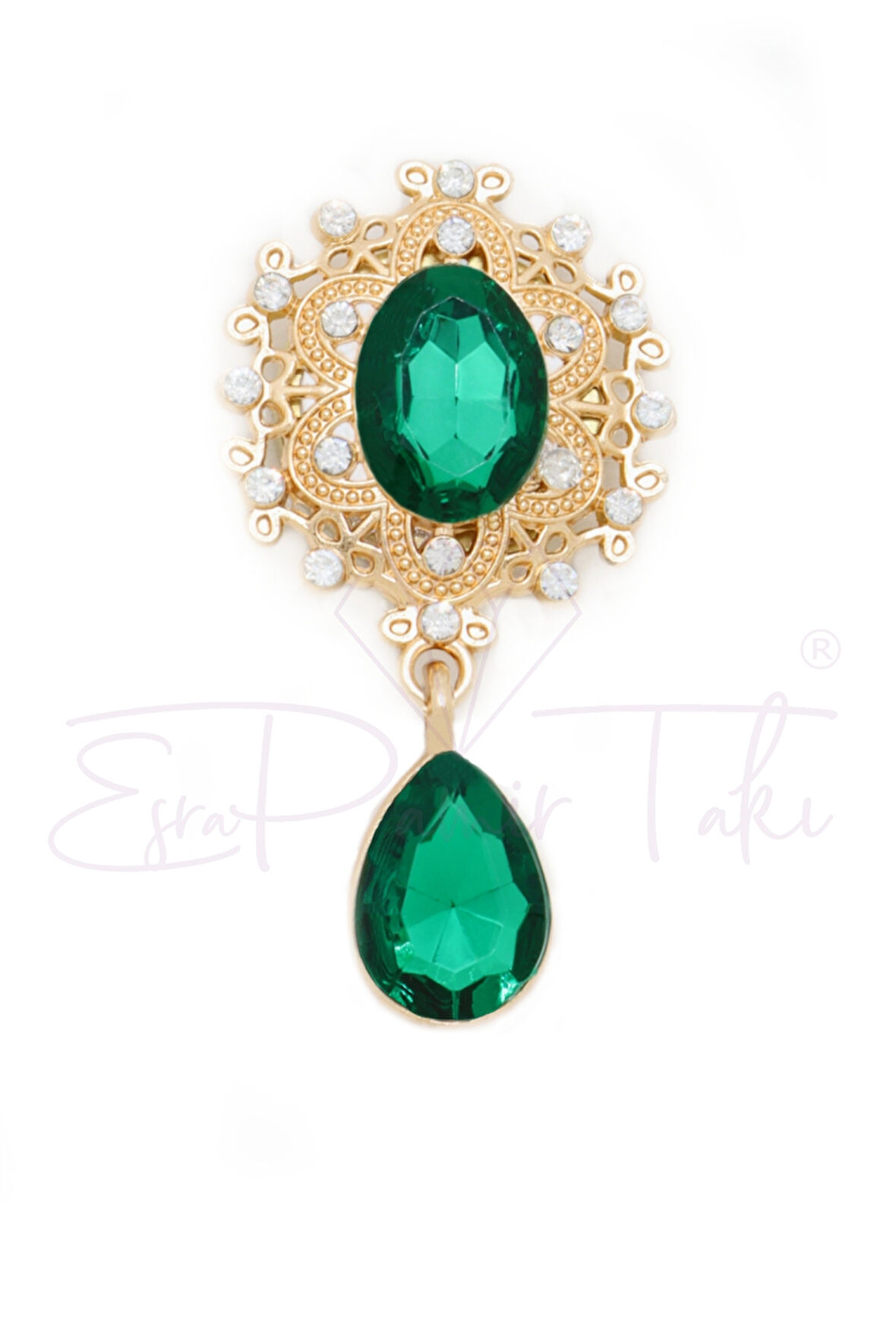 Yeşil Taşlı Düğme Süsü Broş