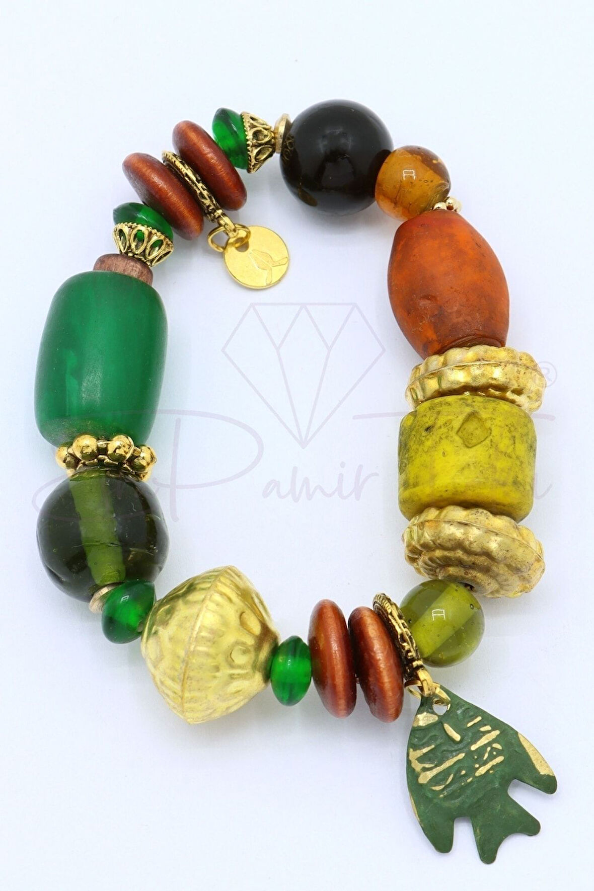 Yeşil Kahve Rengi Cam Seramik Pirinç Ahşap Doğal Taş El Yapımı Bileklik