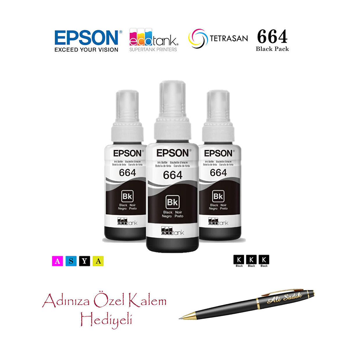 Epson 6641 (BK) 3'Lü Siyah, Epson EcoTank L300 Uyumlu Kalem Hediyeli 3 Siyah Mürekkep Seti