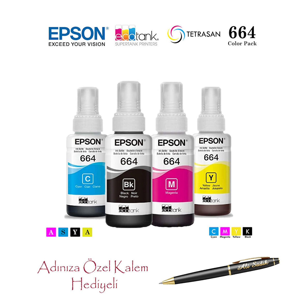 Epson 664 (CMYK) 4 Renk Kartuş, Epson EcoTank L3050 Uyumlu Kalem Hediyeli Mürekkep Seti